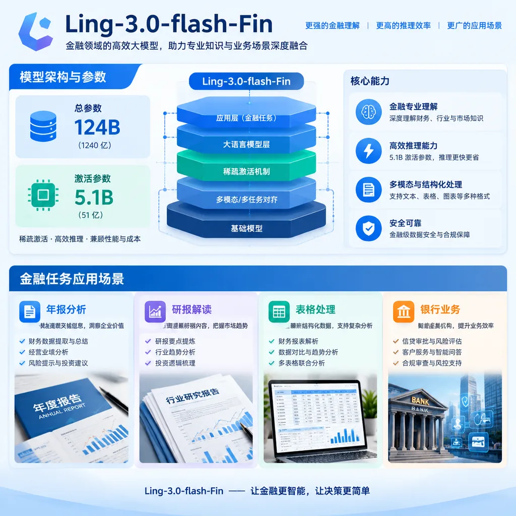 Diagram of the Ling-3.0-flash-Fin model architecture and financial task capabilities, showing 124B total parameters, 5.1B activated parameters, and use cases involving annual reports, research reports, spreadsheets, and banking