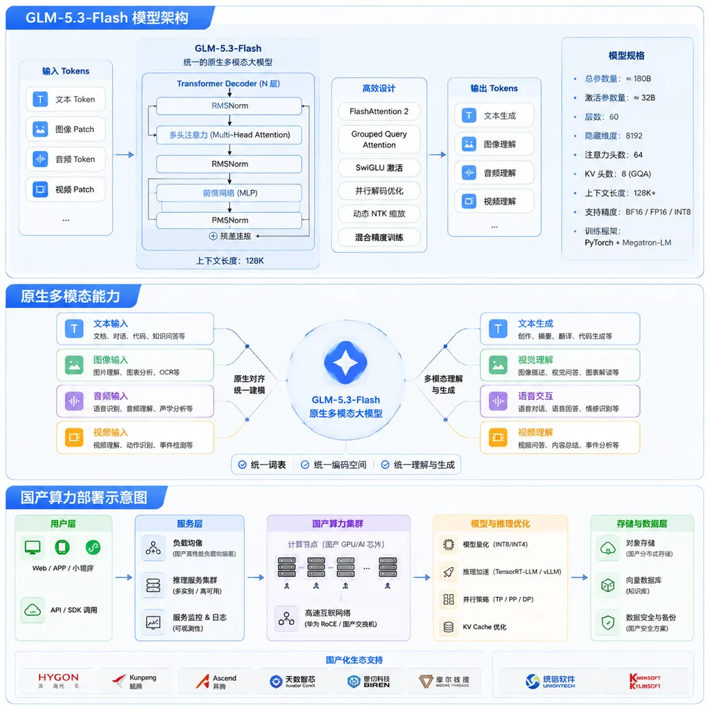 GLM-5.3-Flash模型架构、原生多模态能力与国产算力部署示意图