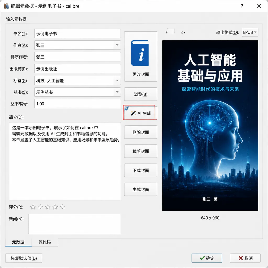 The “AI Generate” button in Calibre 9.14’s Edit Metadata interface and the resulting e-book cover
