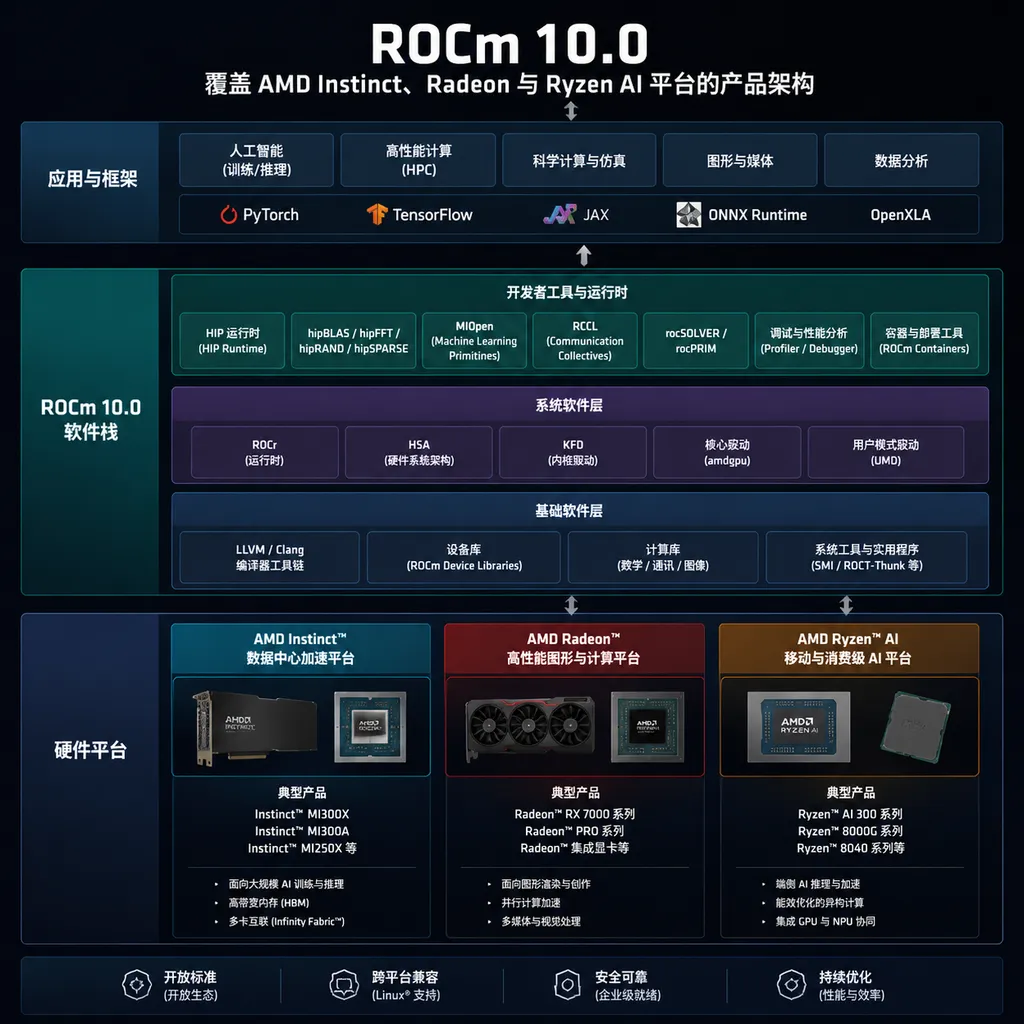 ROCm 10.0覆盖AMD Instinct、Radeon与Ryzen AI平台的产品架构示意图