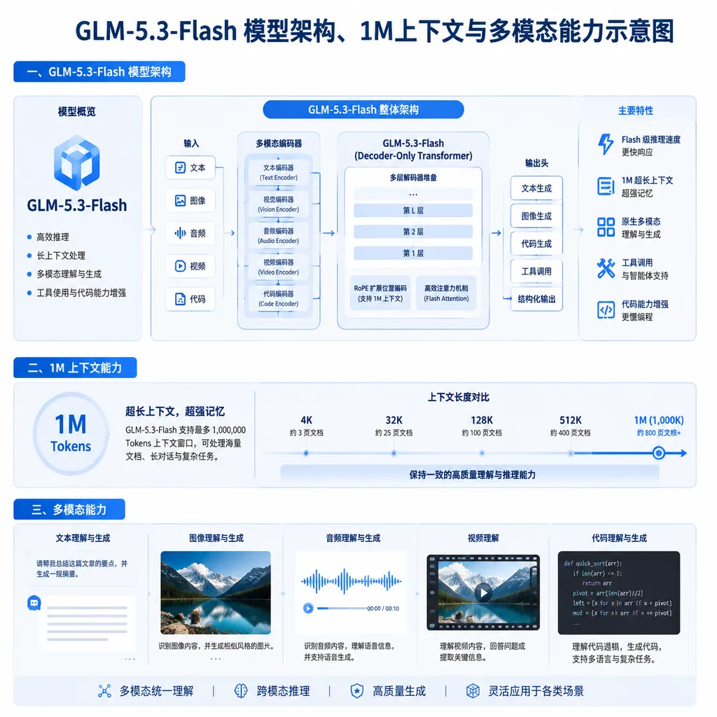 Diagram of the GLM-5.3-Flash architecture, 1M-token context window, and multimodal capabilities