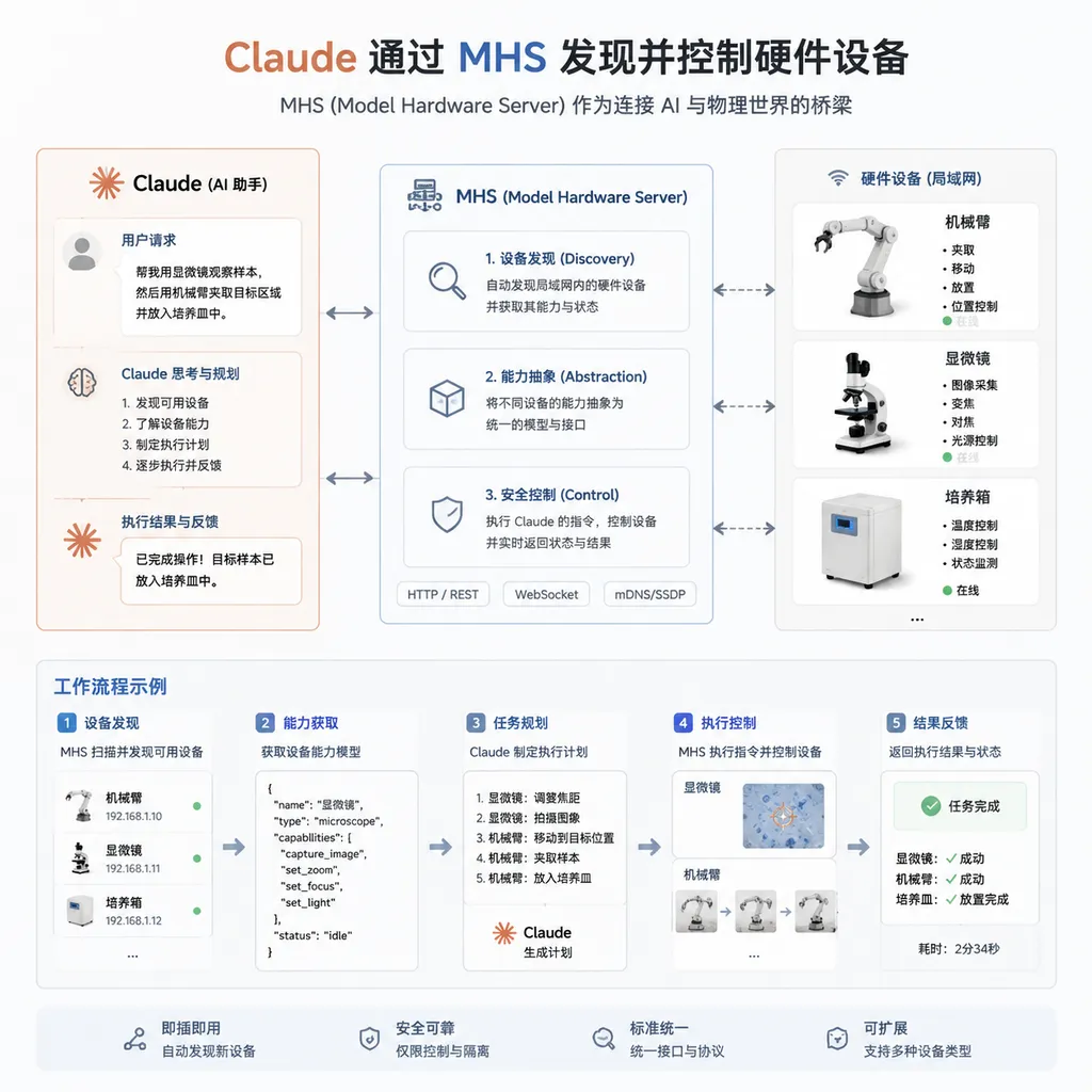 Illustration of Claude discovering and controlling hardware devices such as robotic arms and microscopes through MHS