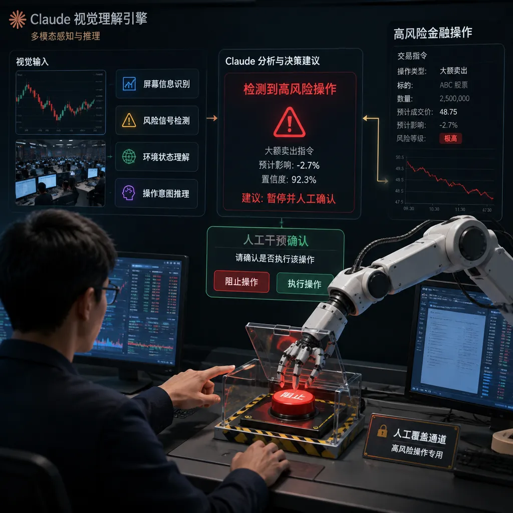 Claude通过视觉理解控制机械臂,在高风险金融操作场景中进行人工干预的概念示意图