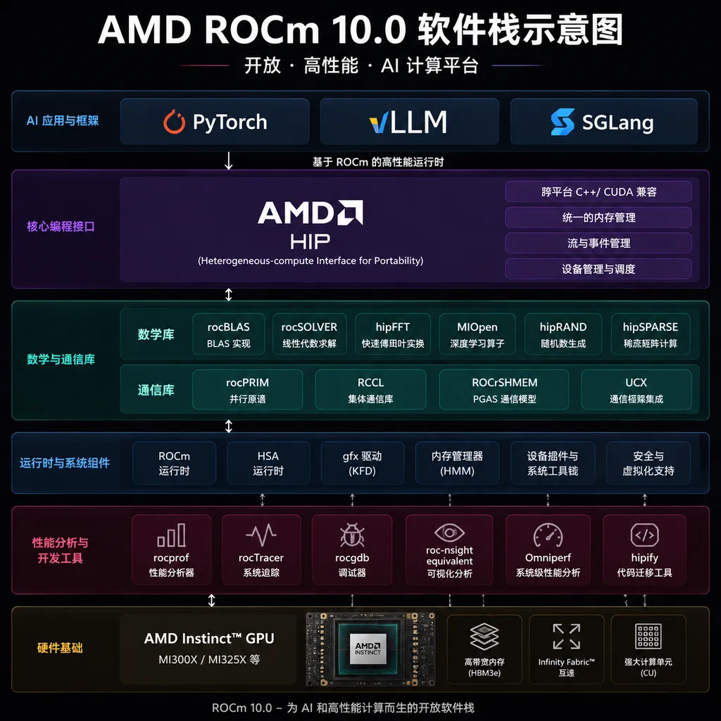 Diagram of the AMD ROCm 10.0 software stack, showing the relationships between GPU hardware, HIP, mathematics and communication libraries, PyTorch/vLLM/SGLang, and performance analysis tools