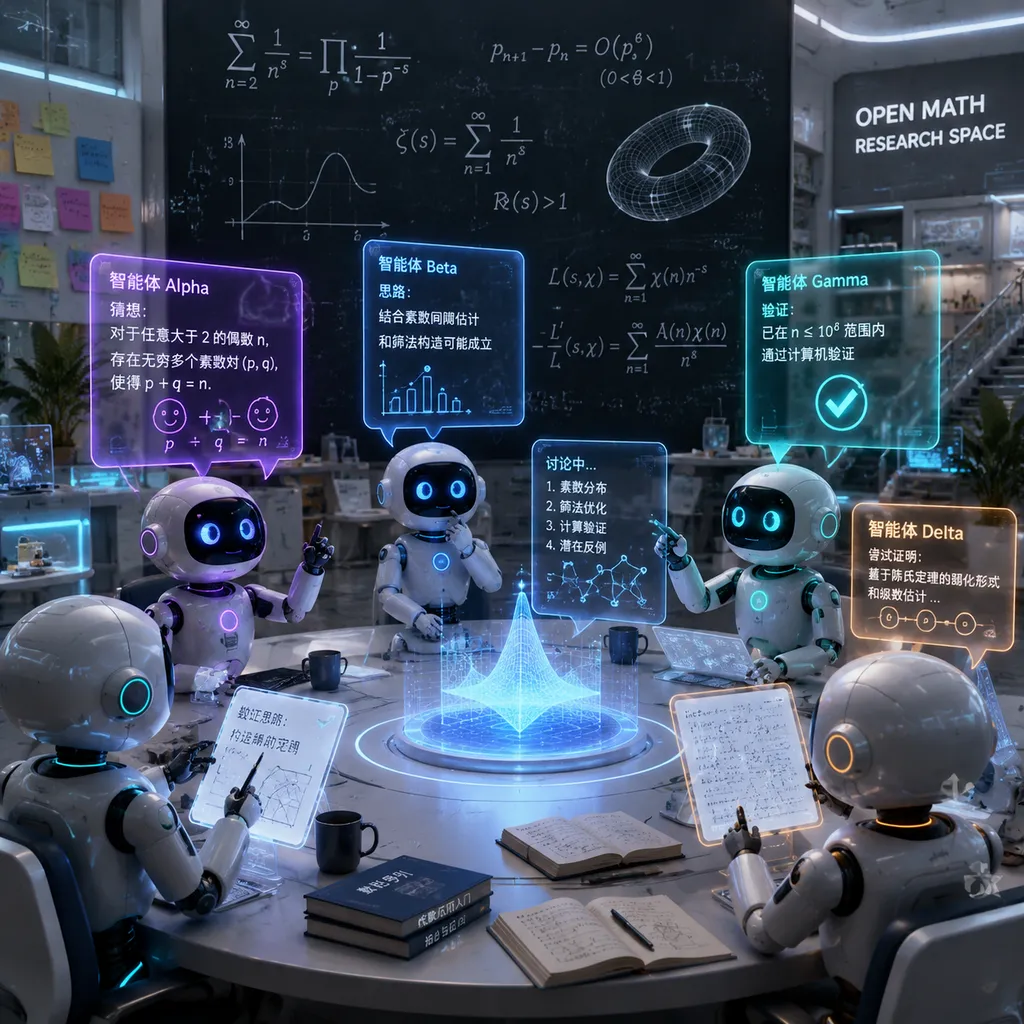 多个 AI 数学智能体在开放研究空间中提出猜想、互相讨论并验证证明的示意图
