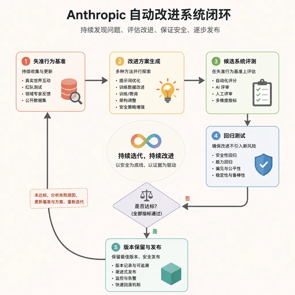 Anthropic自动改进系统闭环示意图,展示失准行为基准、改进方案生成、候选系统评测、回归测试与版本保留流程
