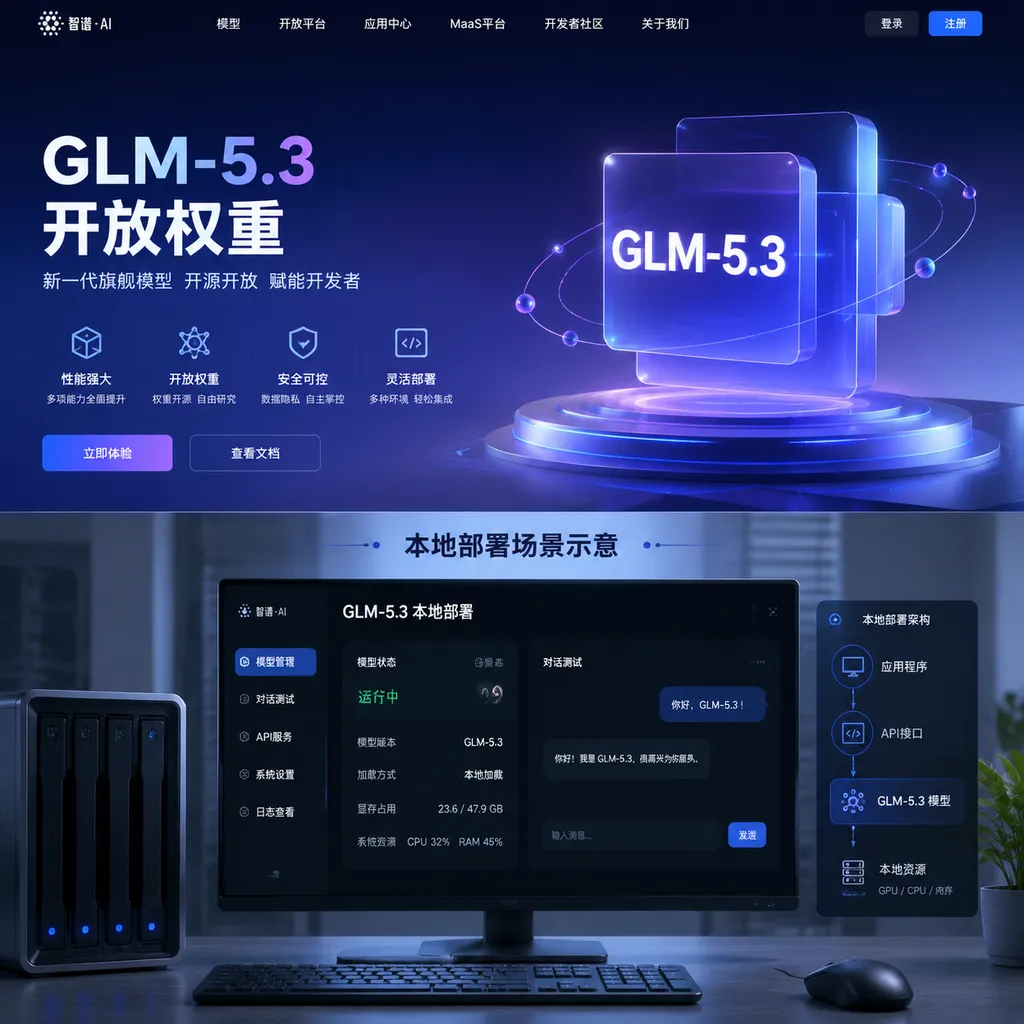 智谱GLM-5.3开放权重页面与本地部署场景示意图