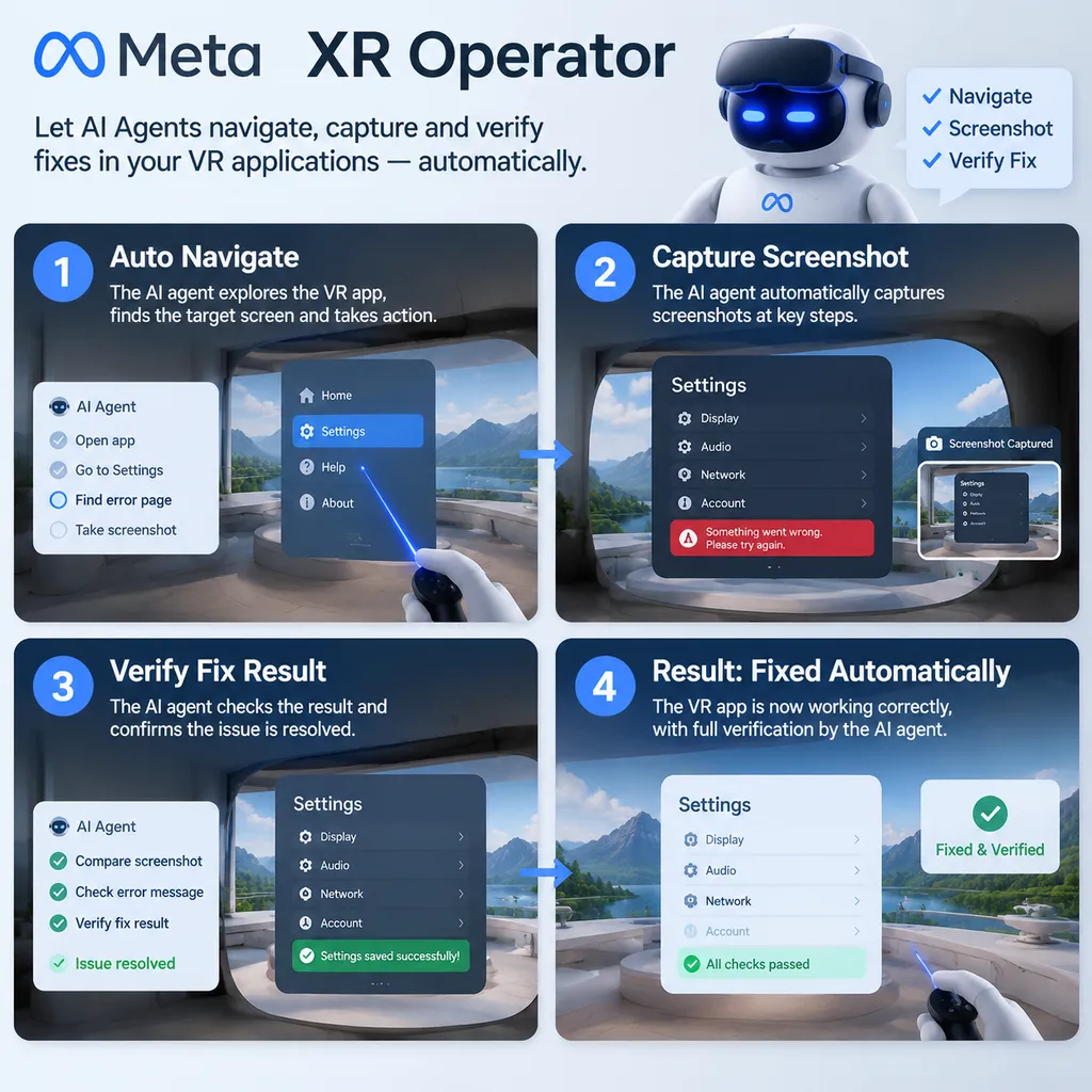 Illustration of Meta XR Operator allowing an AI agent to automatically navigate a VR application, take screenshots, and verify fixes