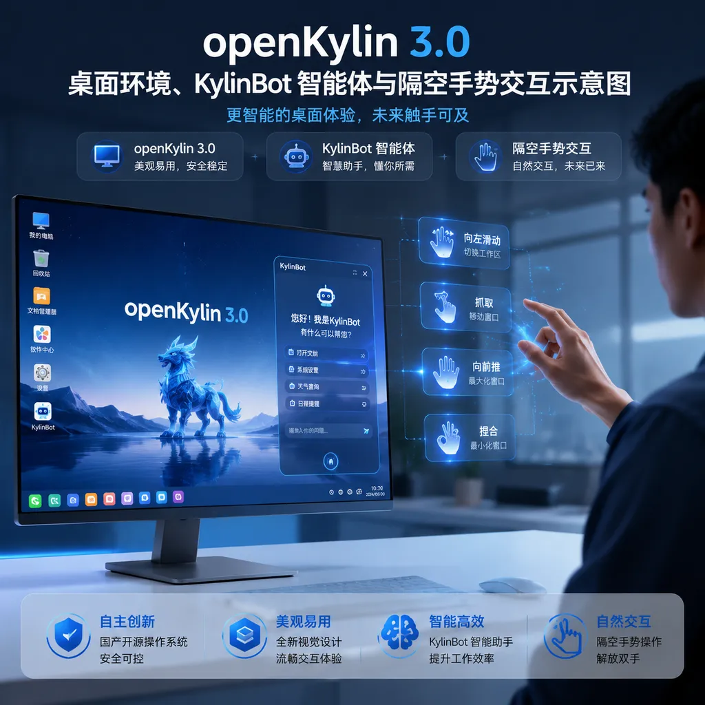 openKylin 3.0 桌面环境、KylinBot 智能体与隔空手势交互示意图