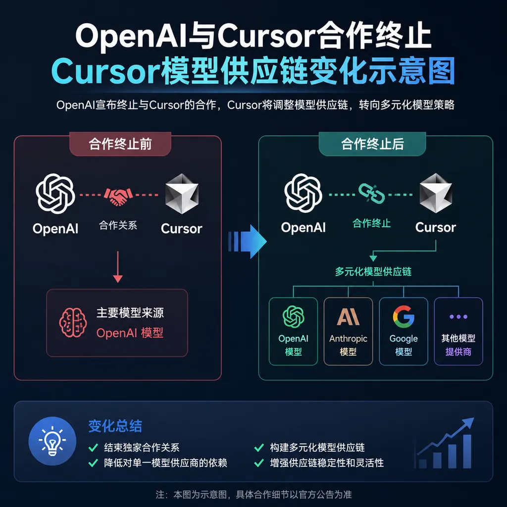 Diagram of the end of the OpenAI-Cursor partnership and changes to Cursor's model supply chain
