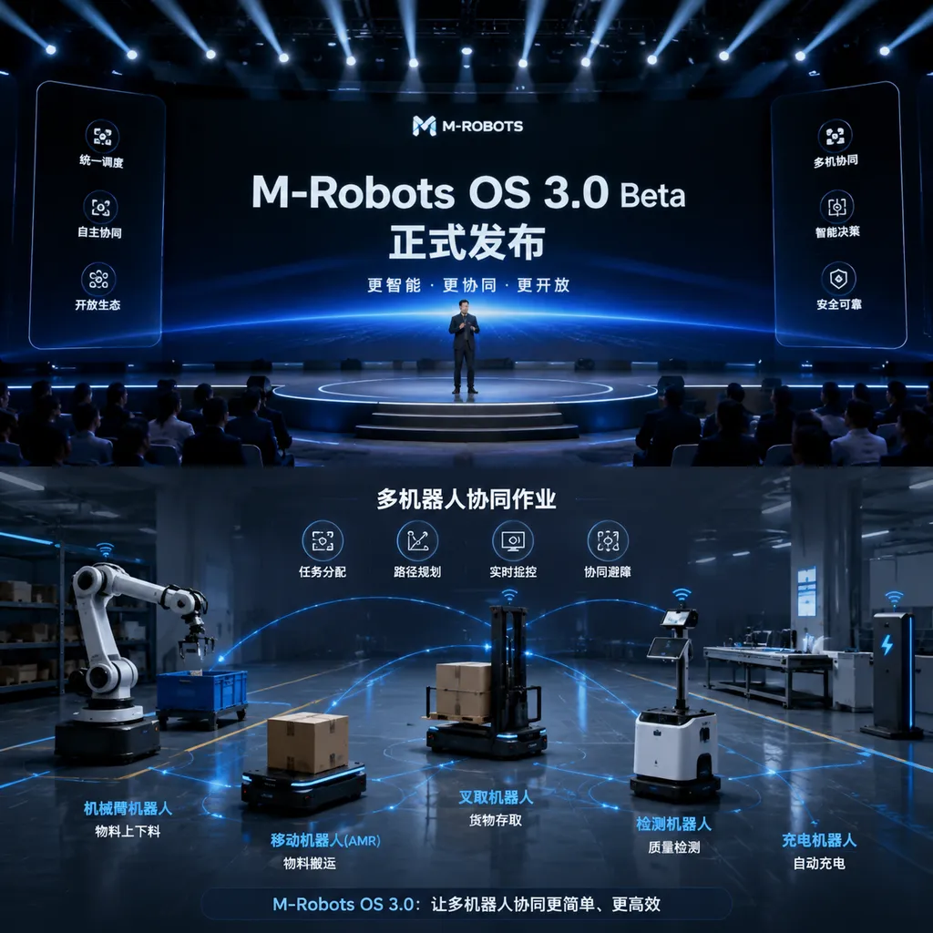 M-Robots OS 3.0 Beta发布会现场及多机器人协同示意图