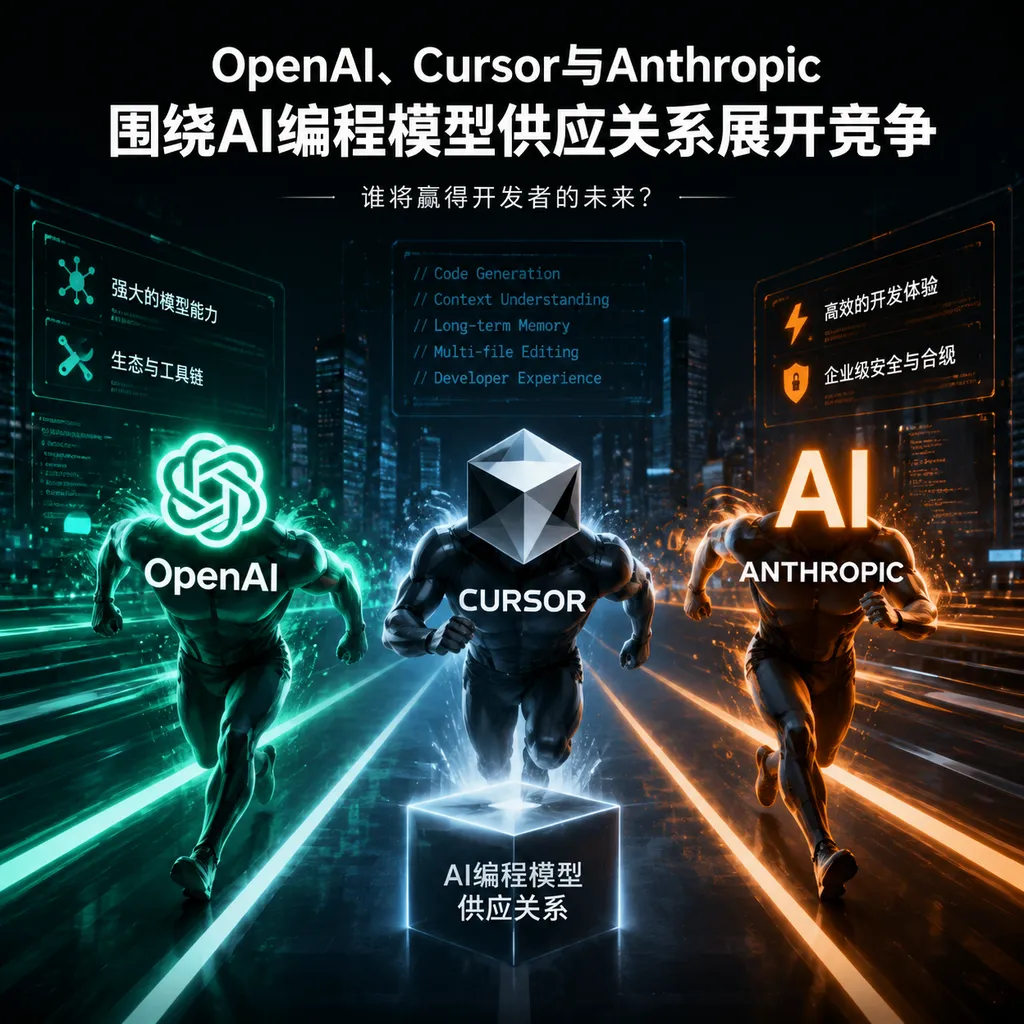 OpenAI、Cursor与Anthropic围绕AI编程模型供应关系展开竞争的新闻配图