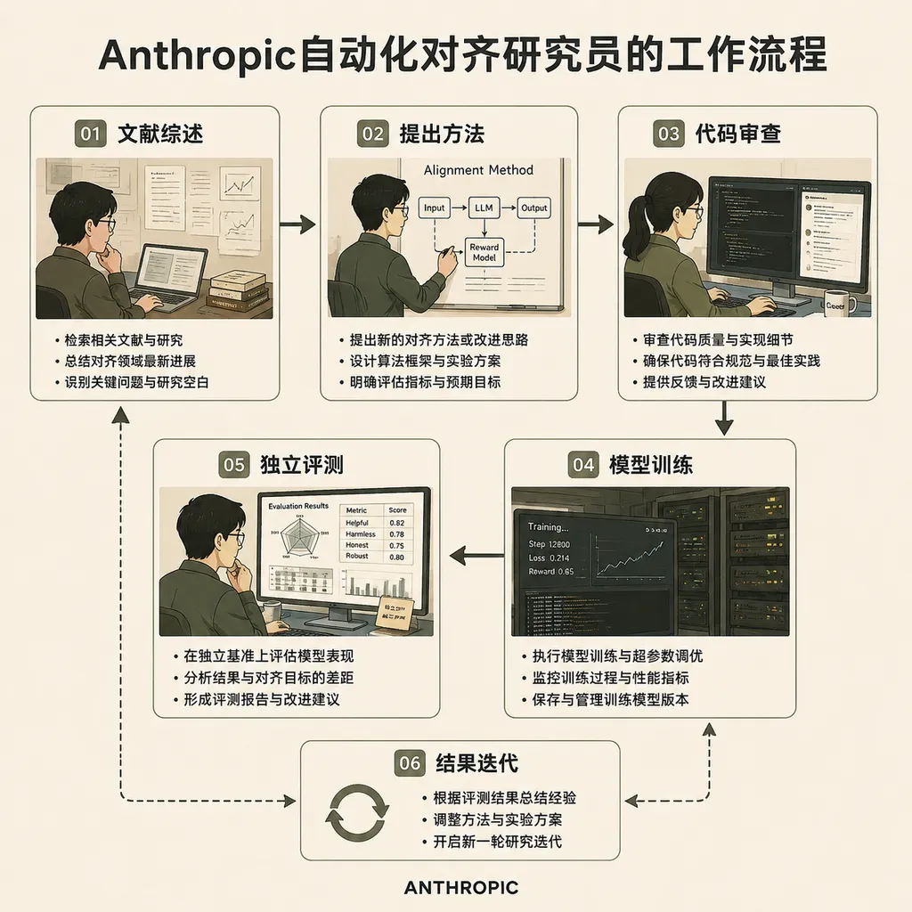 Workflow diagram of Anthropic’s automated alignment researcher: literature review, method proposal, code review, model training, independent evaluation, and iterative refinement