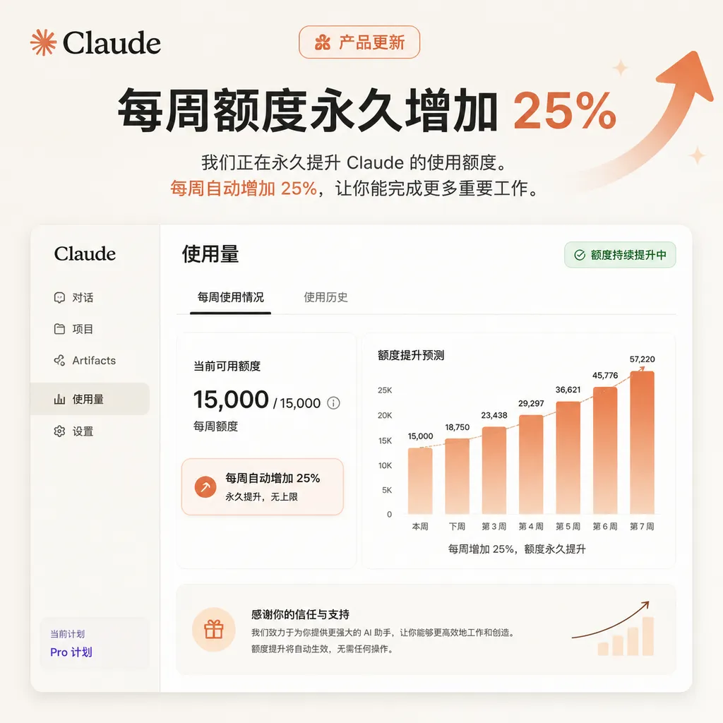 Claude 使用量页面展示每周额度永久增加 25% 的产品更新示意图