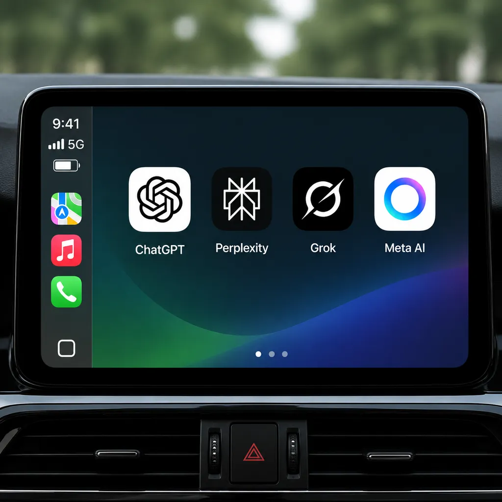 苹果 CarPlay 车载界面中出现 ChatGPT、Perplexity、Grok 与 Meta AI 等多个对话助手入口