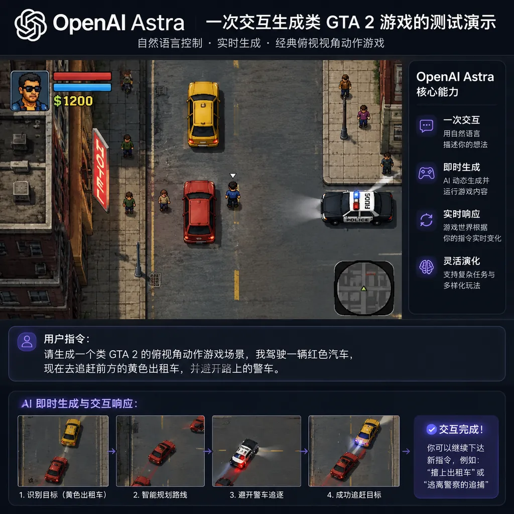 OpenAI Astra 一次交互生成类 GTA 2 游戏的测试演示示意图