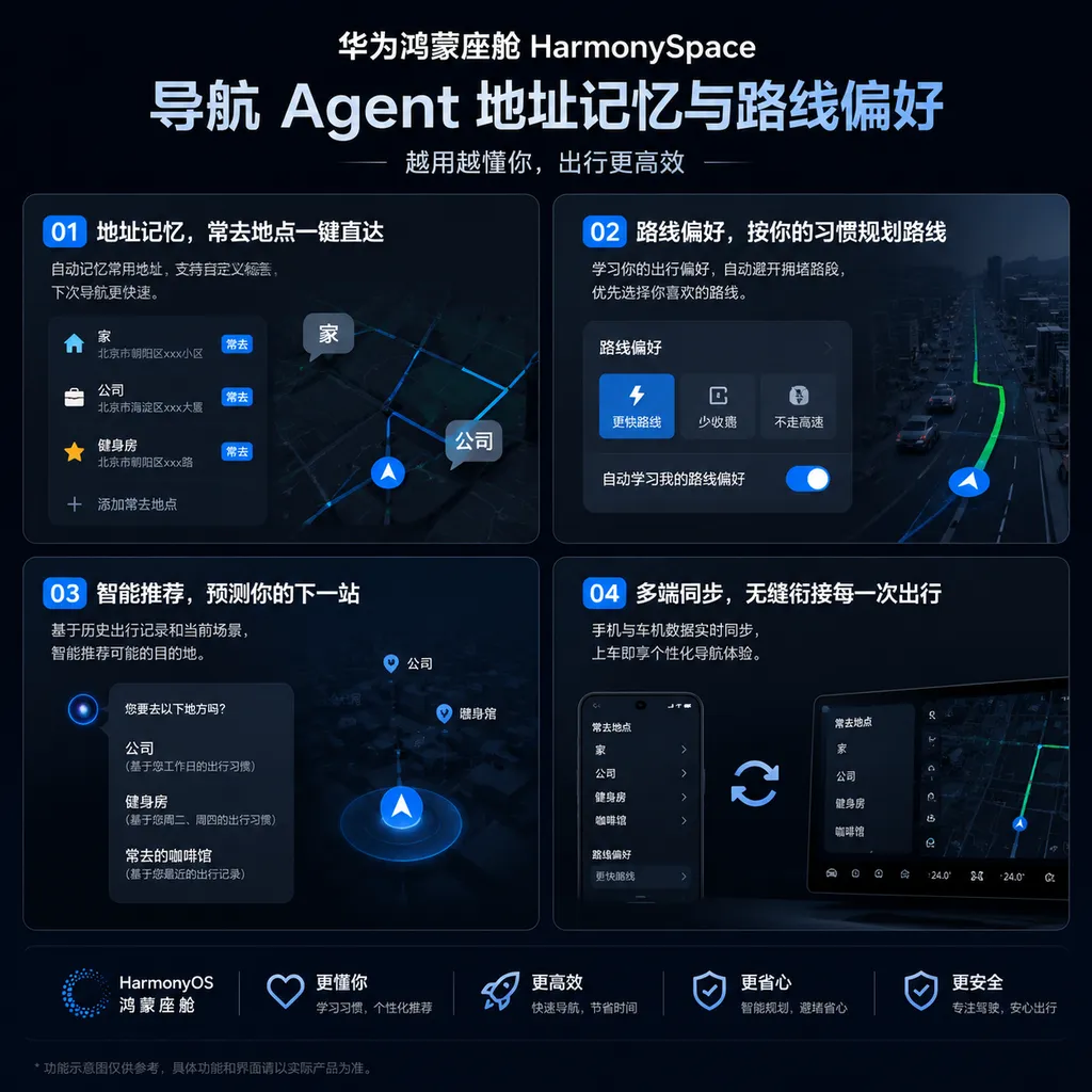 华为鸿蒙座舱 HarmonySpace 导航 Agent 地址记忆与路线偏好功能示意图
