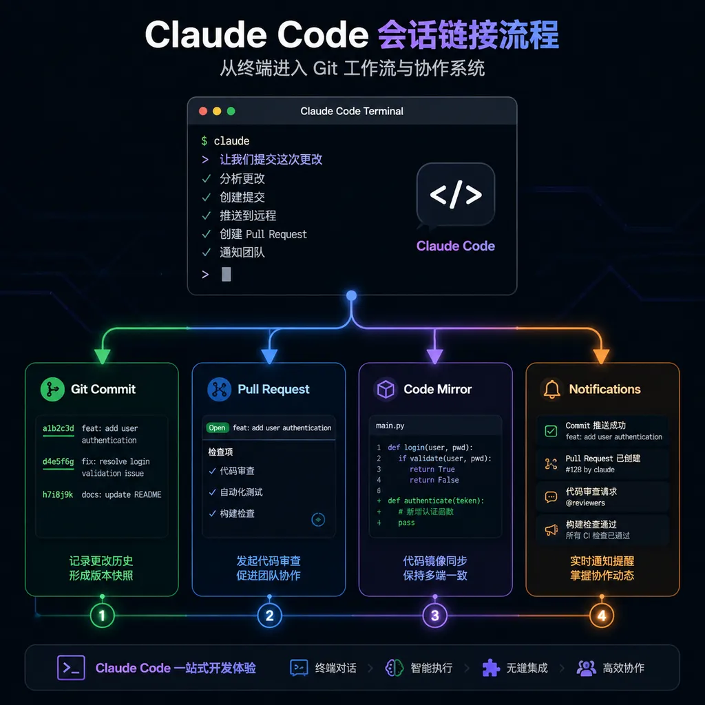一张展示 Claude Code 会话链接从终端进入 Git commit、Pull Request、代码镜像和通知系统的流程图