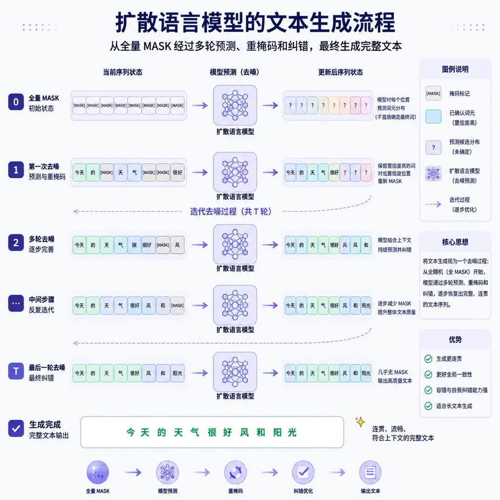 扩散语言模型从全量 MASK 经过多轮预测、重掩码和纠错,最终生成完整文本的流程图