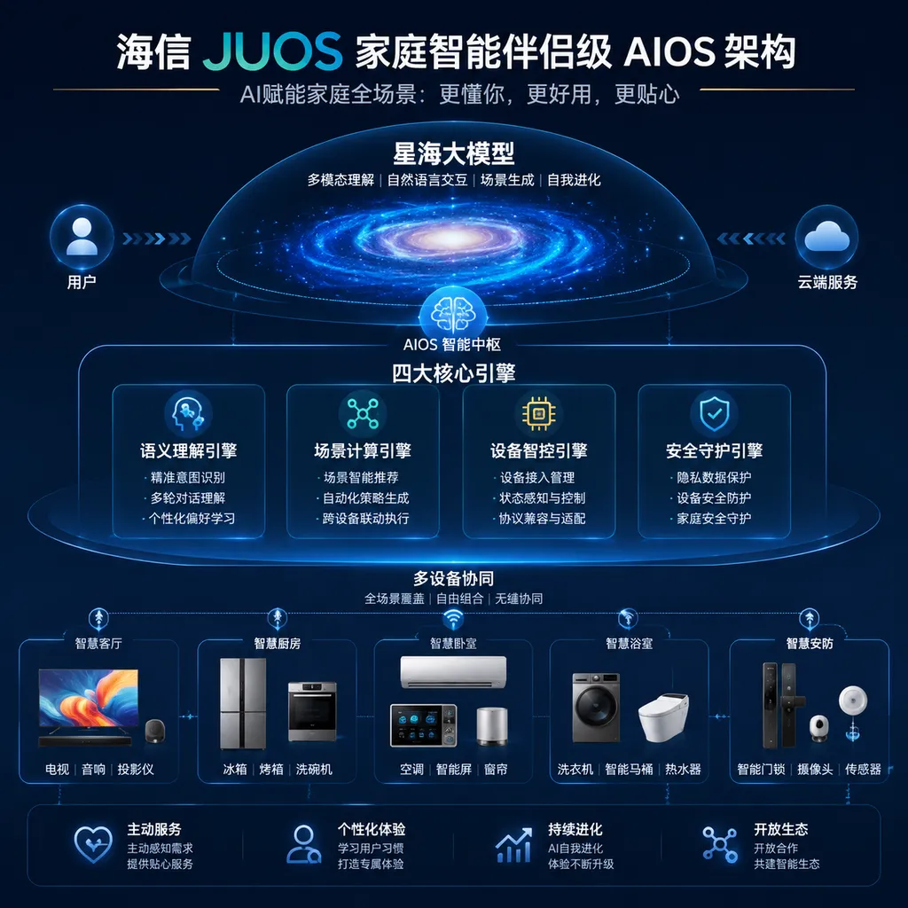 海信 JUOS 家庭智能伴侣级 AIOS 架构示意图,展示星海大模型、四大引擎和多设备协同关系