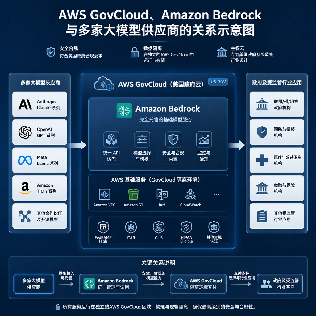 AWS GovCloud、Amazon Bedrock与多家大模型供应商的关系示意图