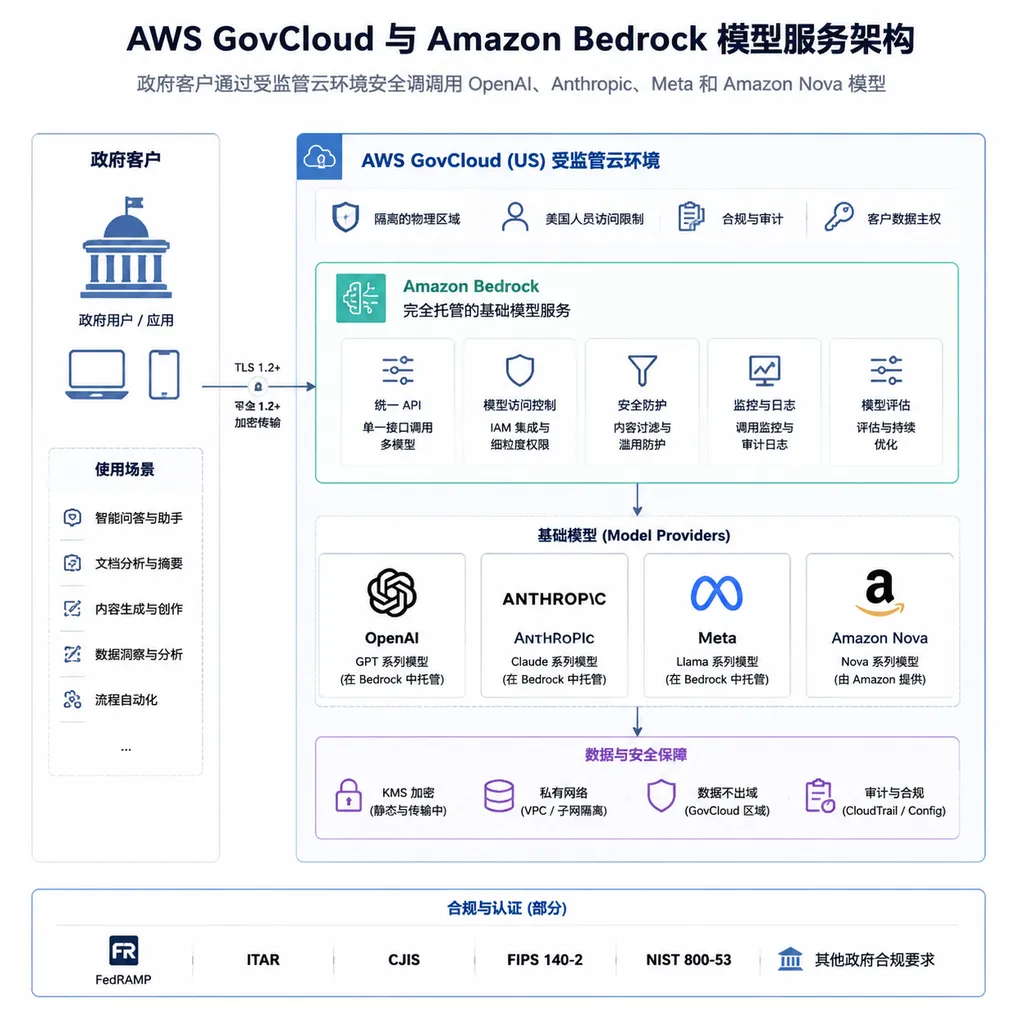 Diagram of the AWS GovCloud and Amazon Bedrock model service architecture, showing government customers accessing OpenAI, Anthropic, Meta, and Amazon Nova models through a regulated cloud environment