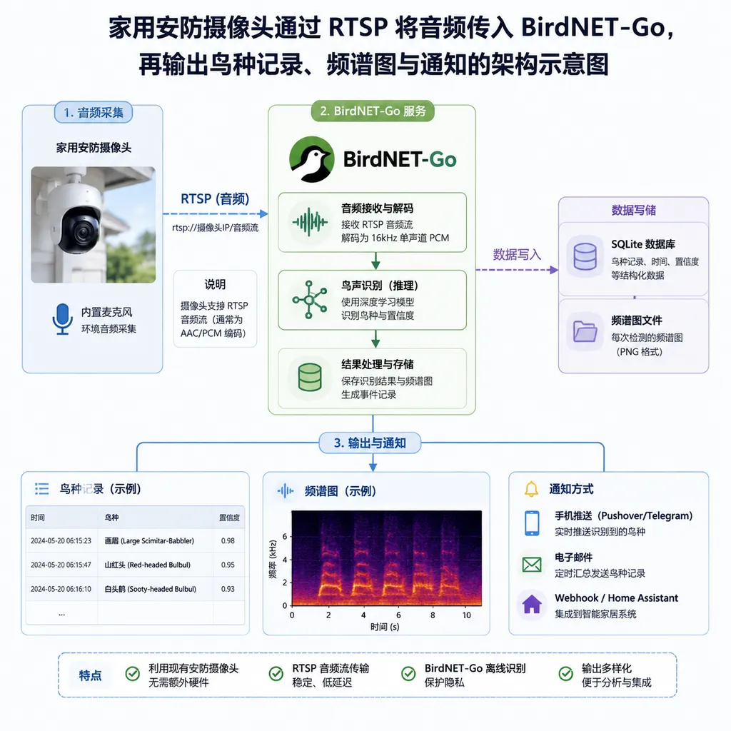 家用安防摄像头通过 RTSP 将音频传入 BirdNET-Go,再输出鸟种记录、频谱图与通知的架构示意图