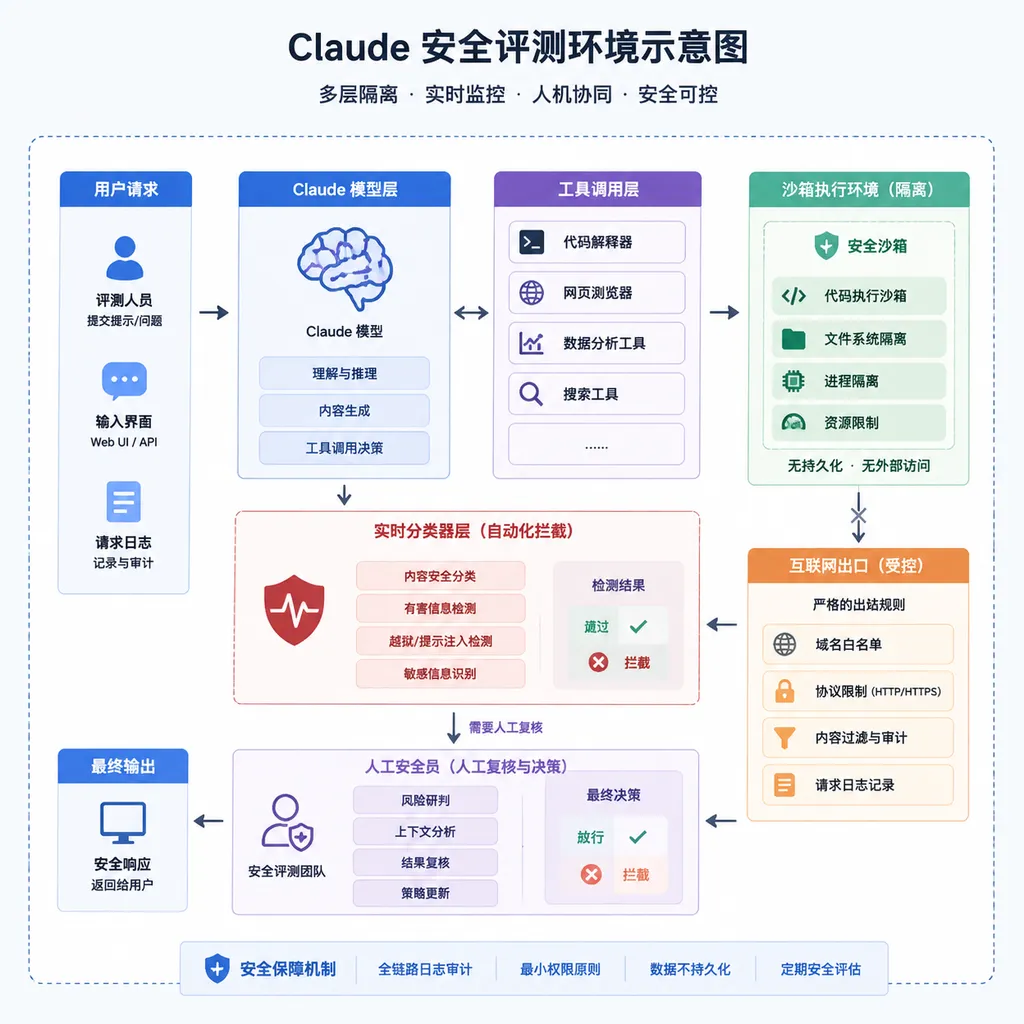 Claude安全评测环境示意图,展示模型、工具调用层、沙箱、互联网出口、实时分类器与人工安全员之间的隔离关系