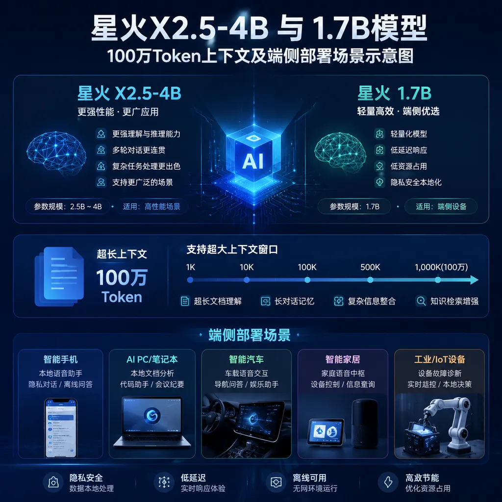 星火X2.5-4B与1.7B模型、100万Token上下文及端侧部署场景示意图