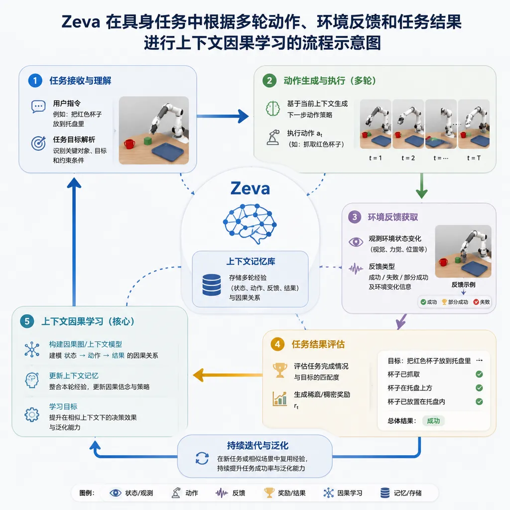 Zeva 在具身任务中根据多轮动作、环境反馈和任务结果进行上下文因果学习的流程示意图