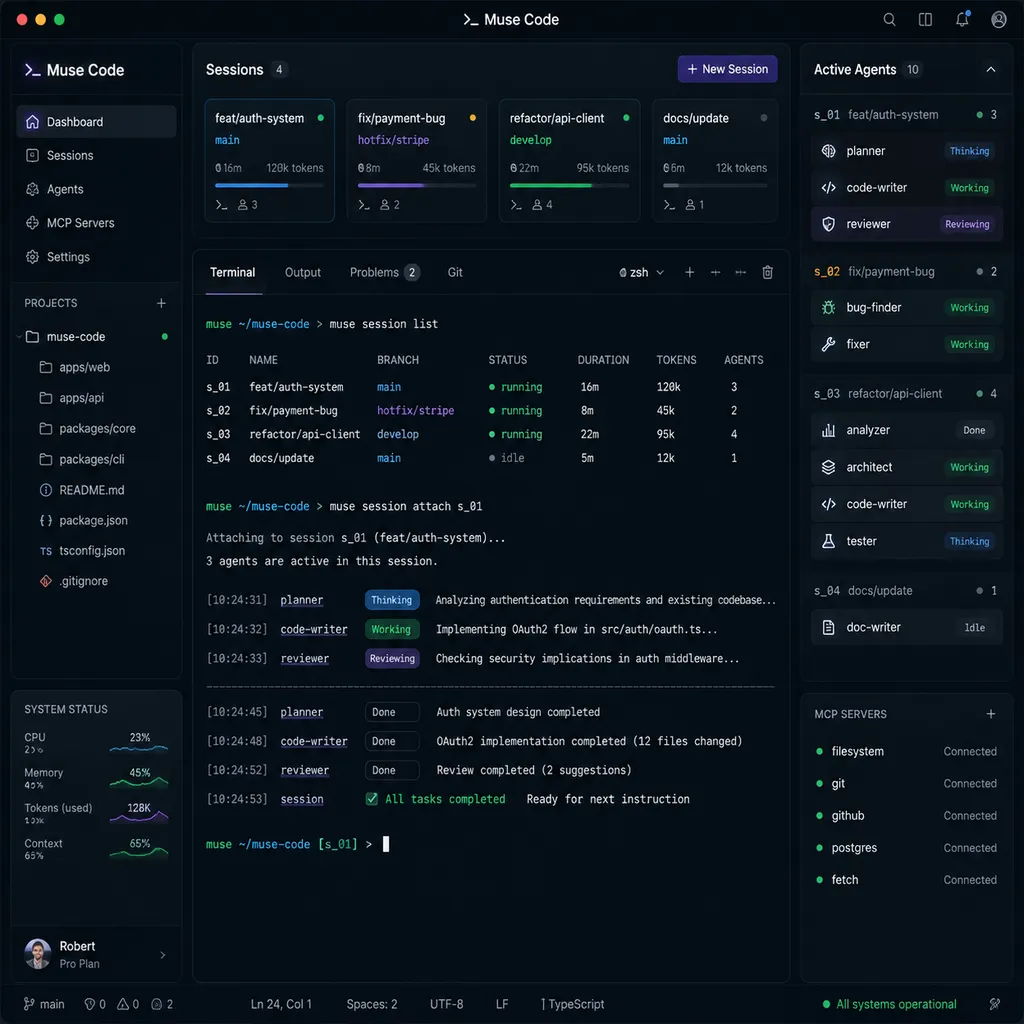 Muse Code 在终端中调度多个编码会话和子智能体的产品界面示意图