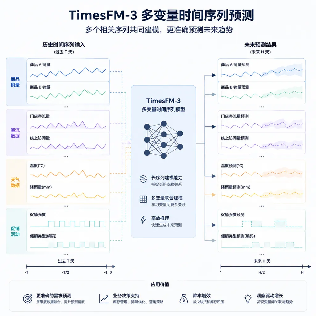 TimesFM-3多变量时间序列预测示意图:多个商品销量、客流、天气和促销序列共同输入模型并预测未来