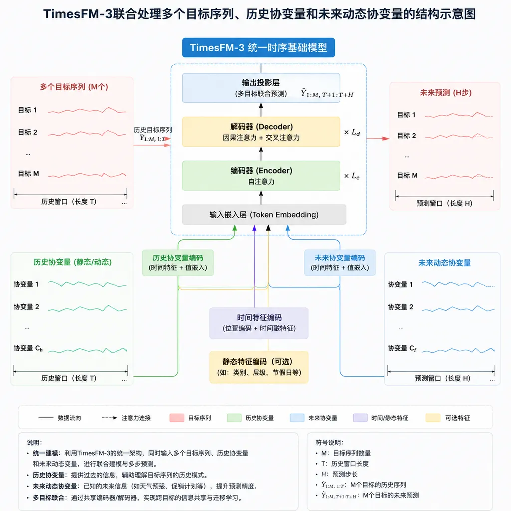 Diagram showing TimesFM-3 jointly processing multiple target series, historical covariates, and future dynamic covariates