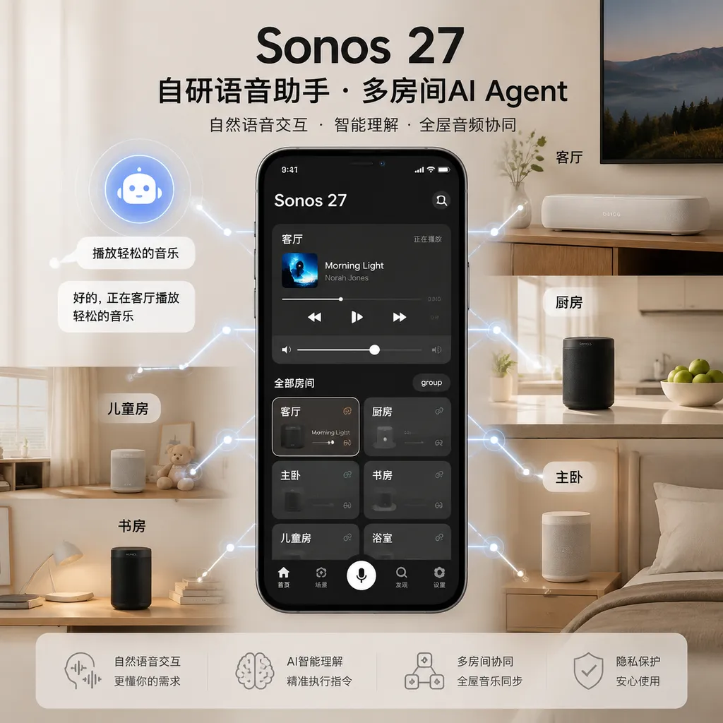 Sonos 27界面、自研语音助手与多个家庭音箱组成的多房间AI Agent示意图