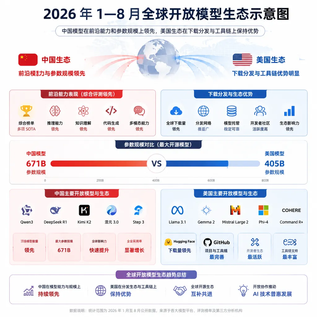 2026 年 1—8 月全球开放模型生态示意图,展示中国模型在前沿能力和参数规模上领先、美国生态在下载分发与工具链上保持优势