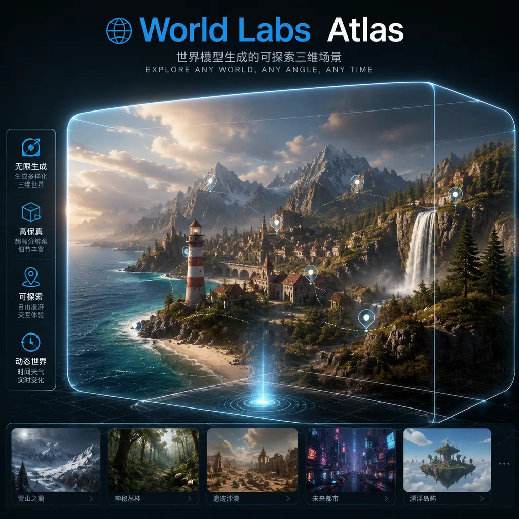 World Labs Atlas世界模型生成的可探索三维场景示意图