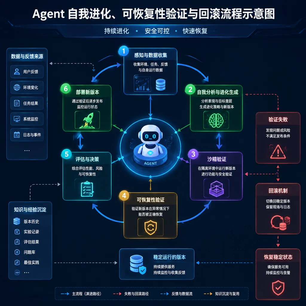 Agent 自我进化、可恢复性验证与回滚流程示意图