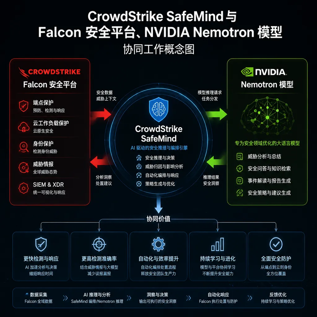 CrowdStrike SafeMind与Falcon安全平台、NVIDIA Nemotron模型协同工作的概念图