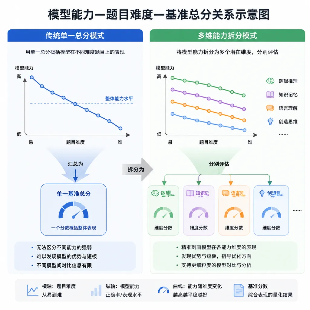 一张展示“模型能力—题目难度—基准总分”关系的示意图,左侧为单一总分,右侧拆分为多个潜在能力维度