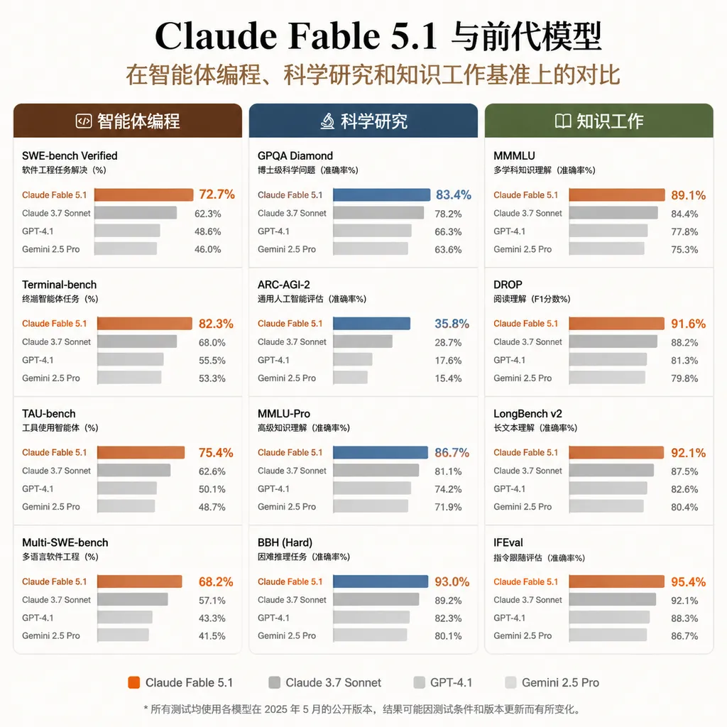 Claude Fable 5.1 与前代模型在智能体编程、科学研究和知识工作基准上的对比图