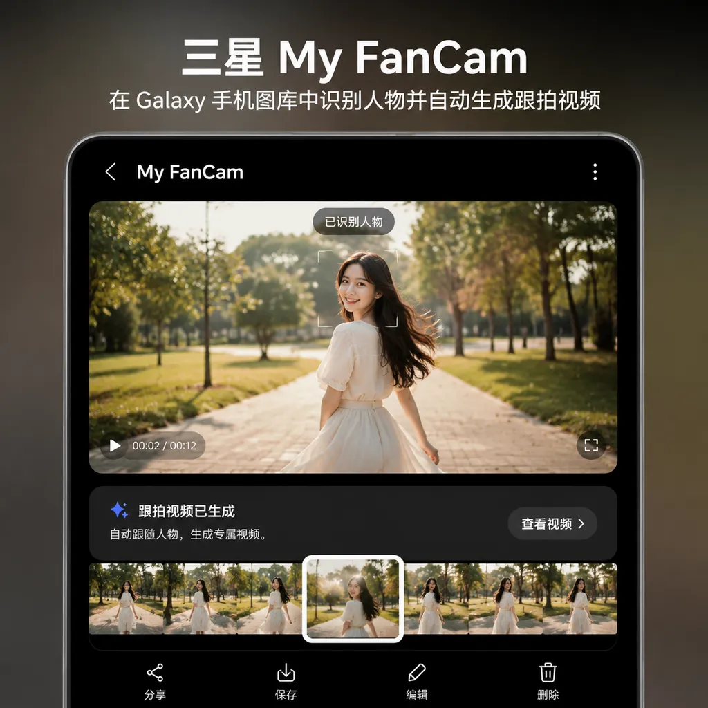 三星 My FanCam 在 Galaxy 手机图库中识别人物并自动生成跟拍视频的界面
