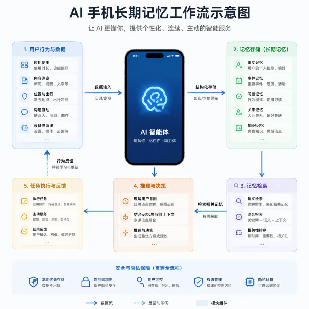 AI 手机长期记忆工作流示意图,展示用户行为、记忆存储、检索、推理与任务执行之间的关系