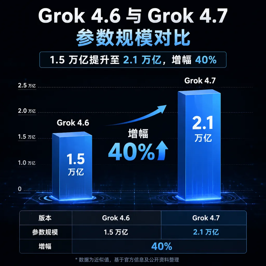 Grok 4.6 与 Grok 4.7 参数规模对比图,1.5 万亿提升至 2.1 万亿,增幅 40%