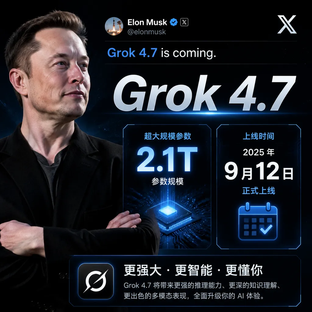 Musk previews the release of Grok 4.7 on X, highlighting its 2.1T parameters and September 12 launch date