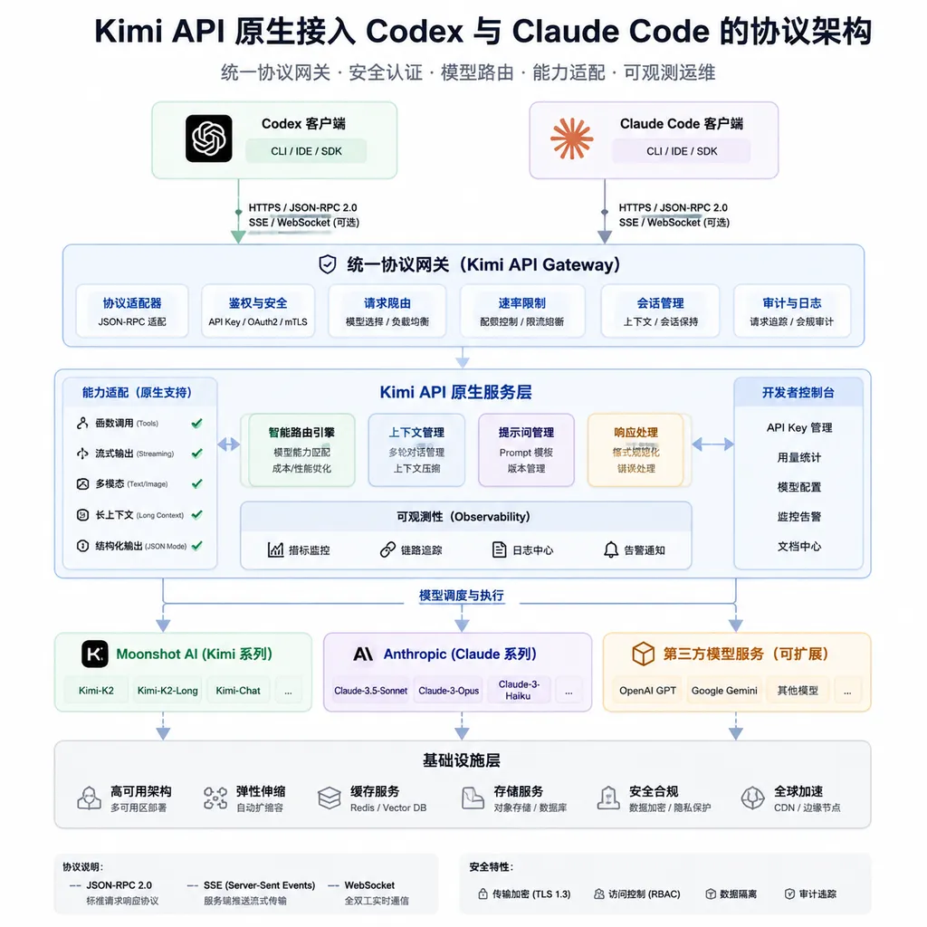 Kimi API 原生接入 Codex 与 Claude Code 的协议架构示意图