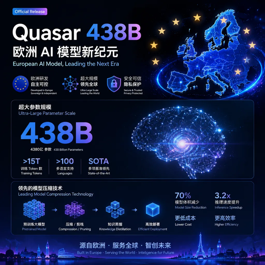 Quasar 438B 发布概念图,展示欧洲 AI 模型、超大参数规模与模型压缩技术