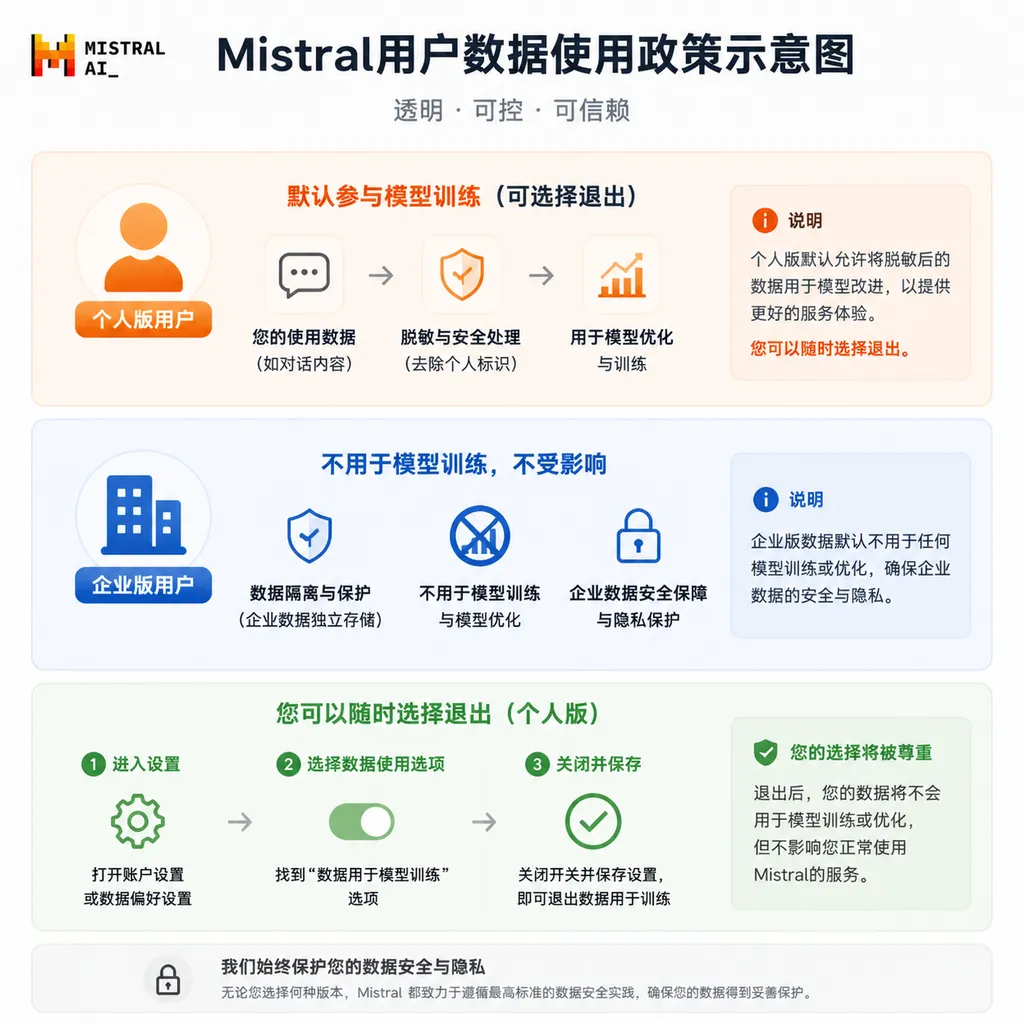 Mistral用户数据使用政策示意图,展示个人版默认参与训练、企业版不受影响、用户可选择退出