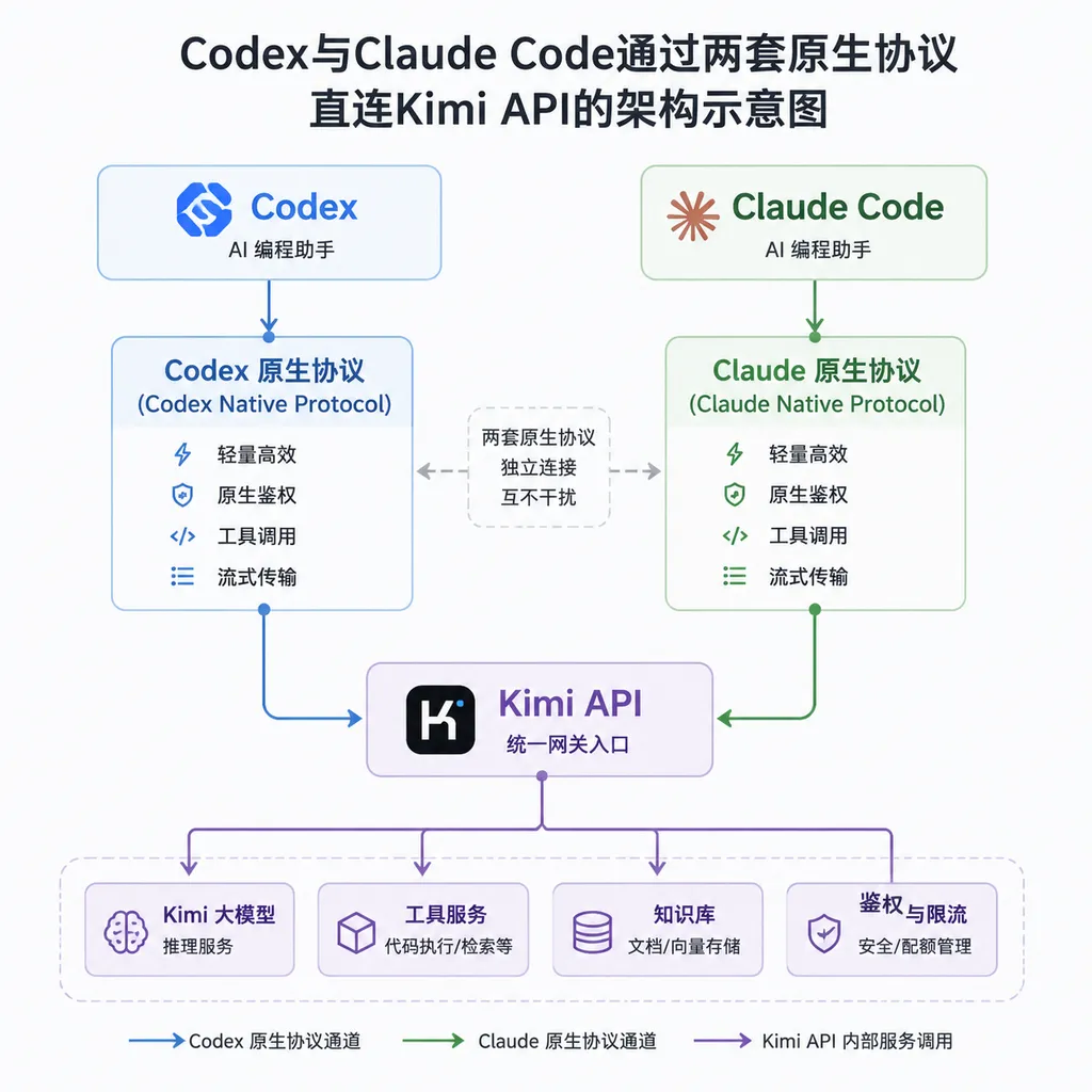 Architecture diagram showing Codex and Claude Code connecting directly to the Kimi API through two native protocols