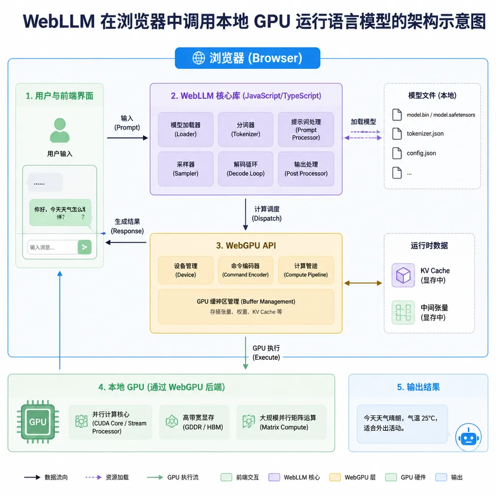 WebLLM在浏览器中调用本地GPU运行语言模型的架构示意图