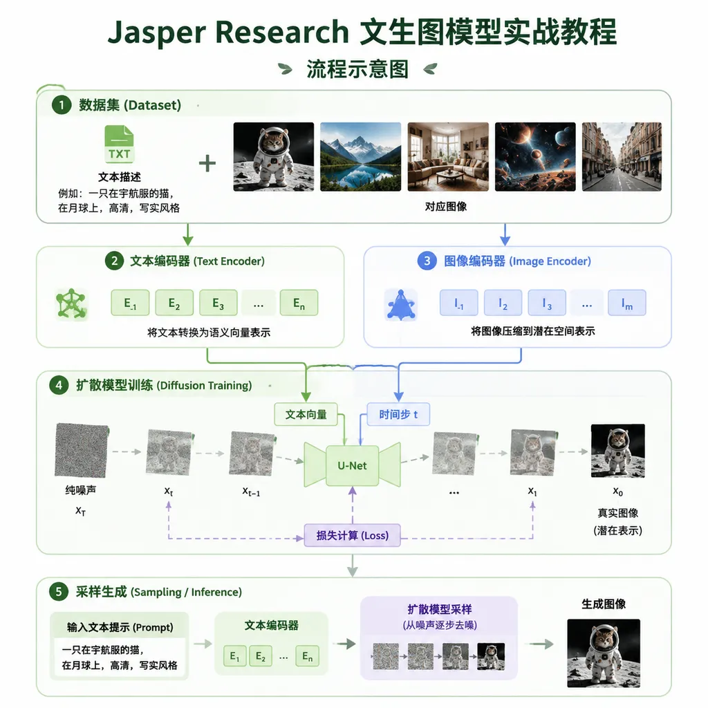 Jasper Research 文生图模型实战教程的流程示意图,展示数据集、文本编码器、图像编码器、扩散训练和采样生成之间的关系